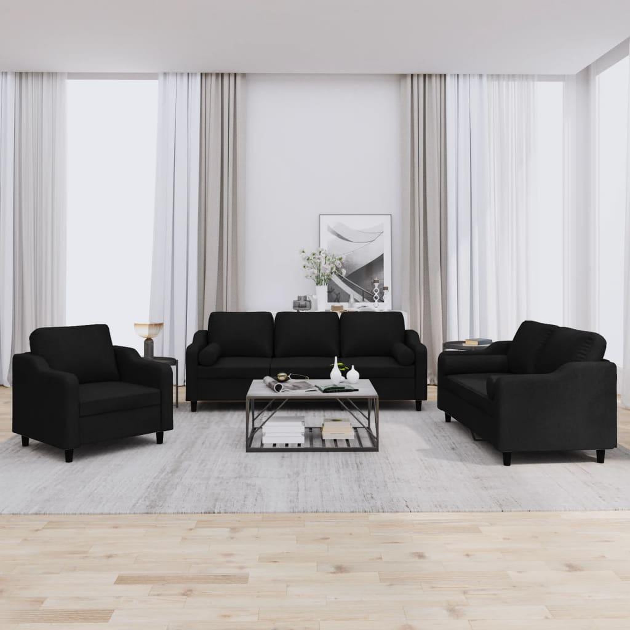 VIDAXL Ensemble de canapes 3 pcs avec coussins noir tissu