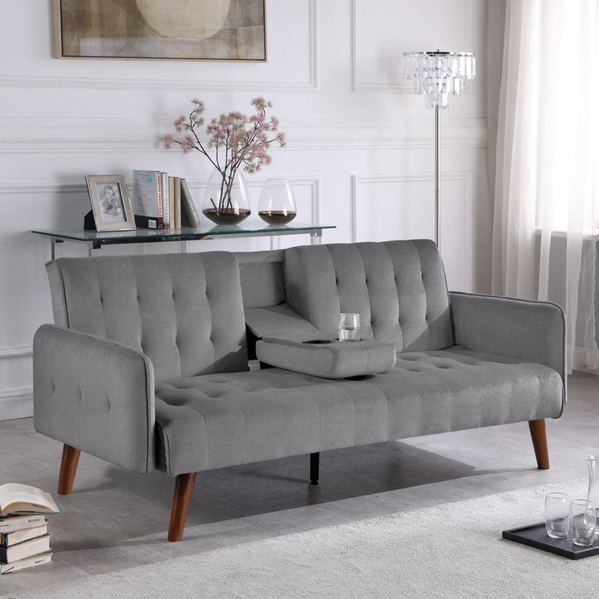 CONCEPT USINE Canapé 3 places convertible en velours avec tablette centrale rabattable gris INVERNESS