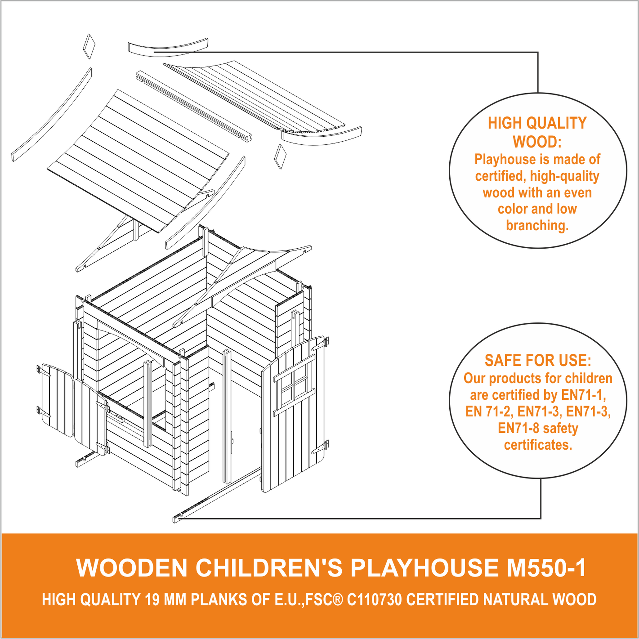 Voir la diapositive 6 : TIMBELA Maison en bois pour enfants sans plancher, maison de jeux pour l'extérieur 112x146xh152cm m550-1