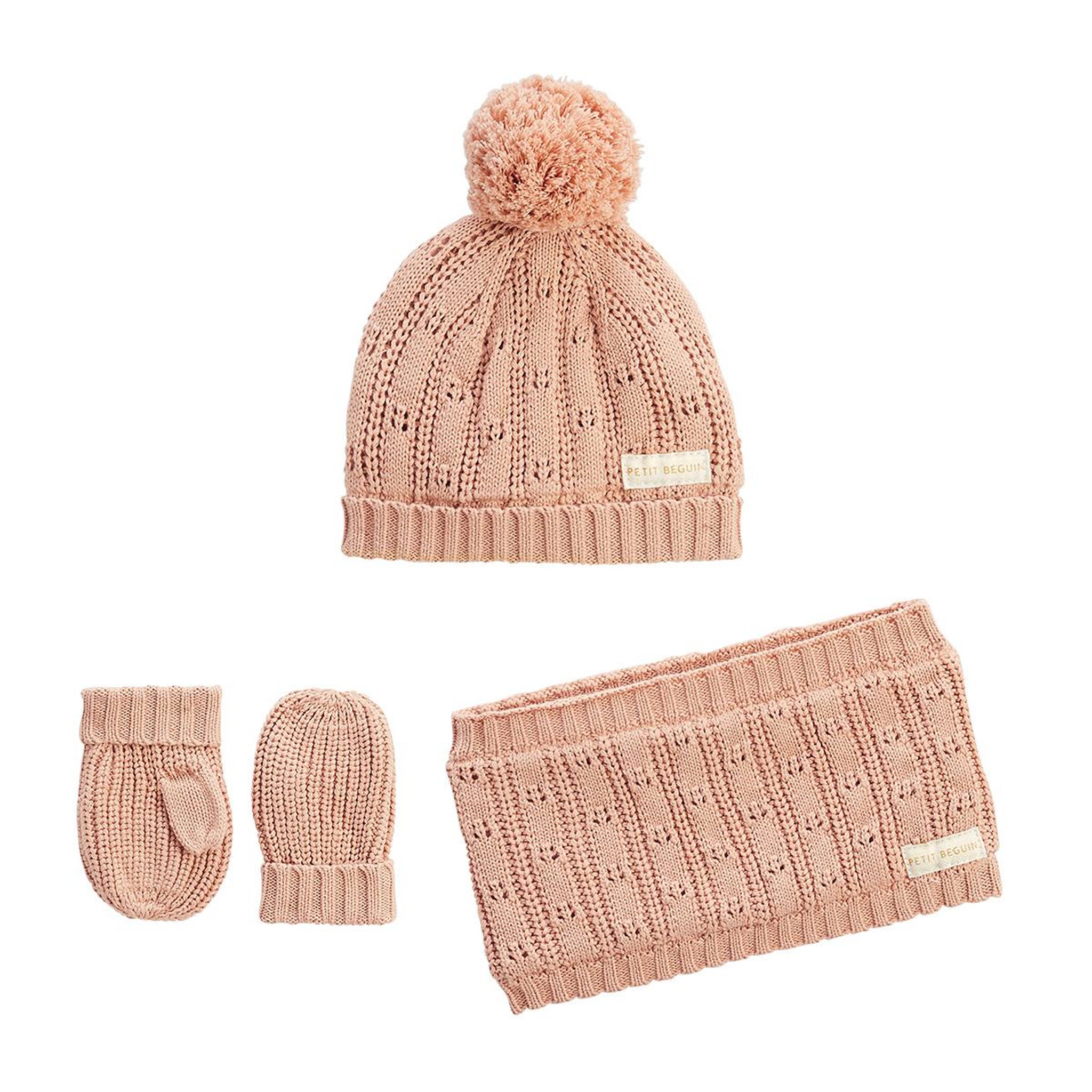 Voir la diapositive 1 : Petit Béguin Ensemble bonnet, moufles et cache-cou enfant en tricot Esmée