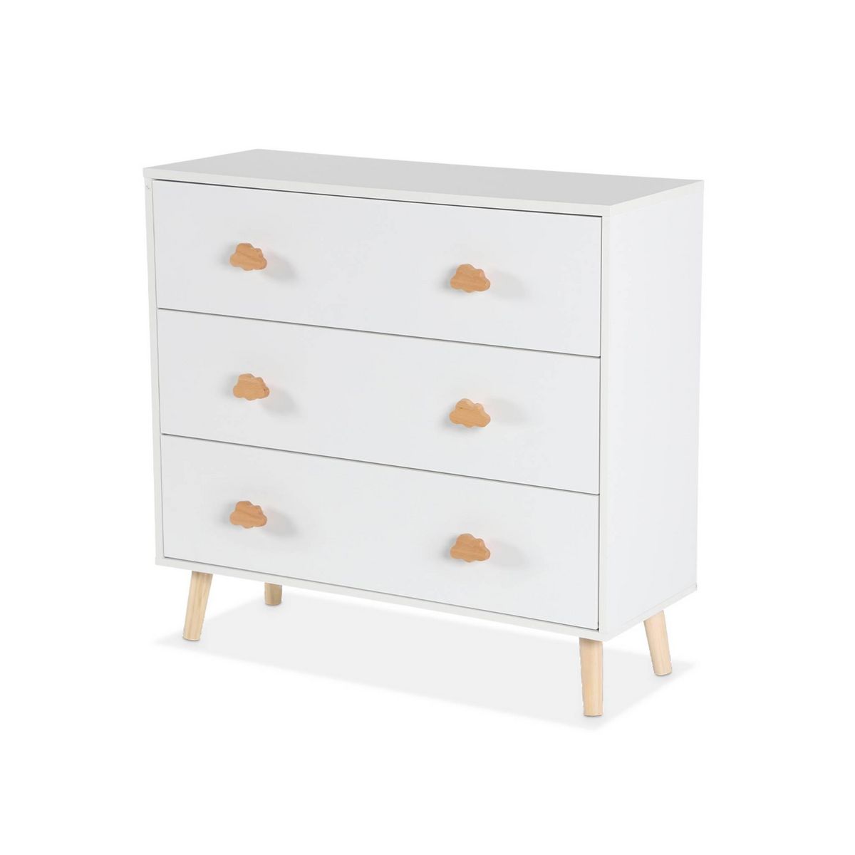 SWEEEK Commode enfant. décor bois. blanc. 3 tiroirs. pieds et poignées nuage en pin
