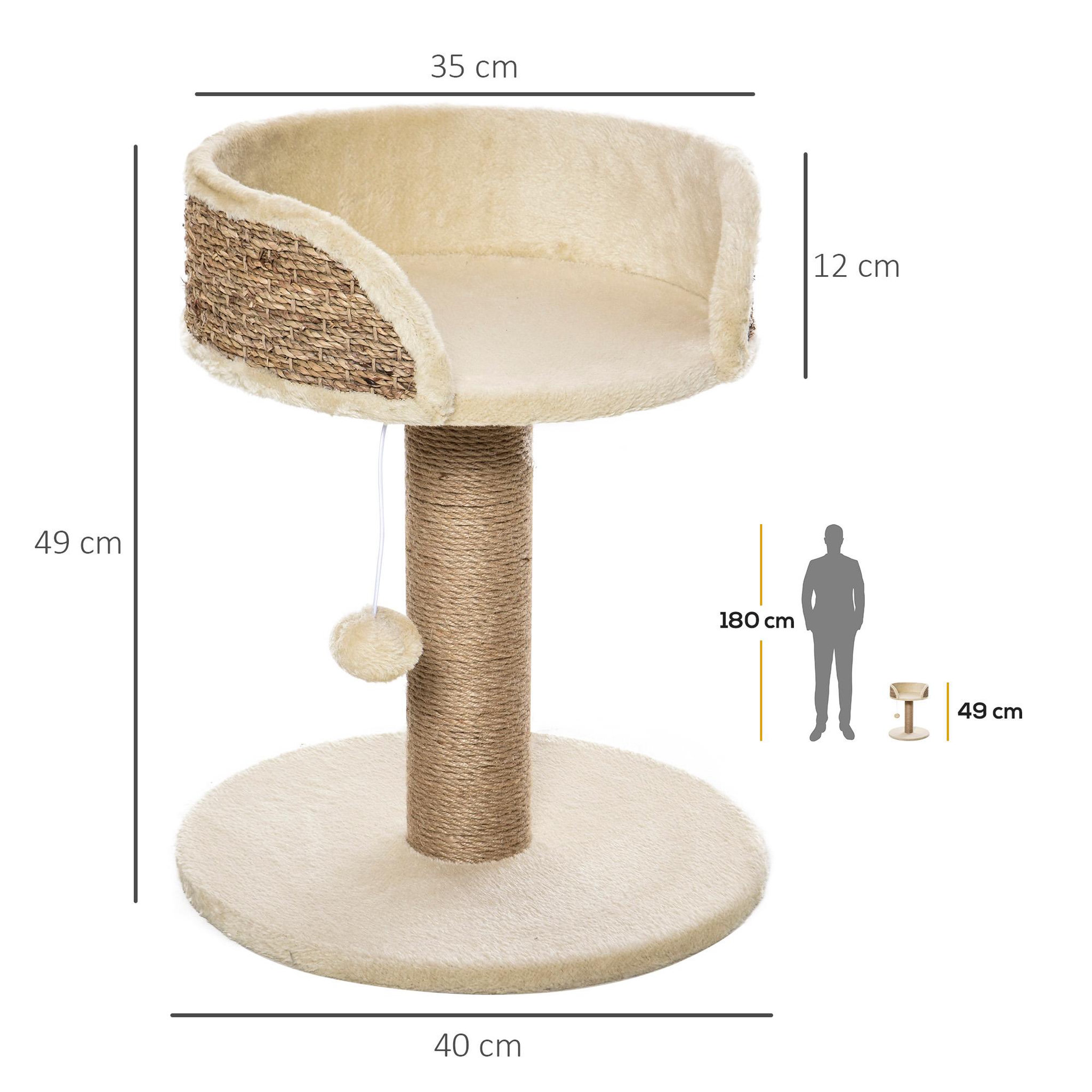 Voir la diapositive 3 : PAWHUT Arbre à chat griffoir 2 niveaux h. 49 cm - poteau sisal, plateforme observation, jeu de boule suspendue - jute polyester beige