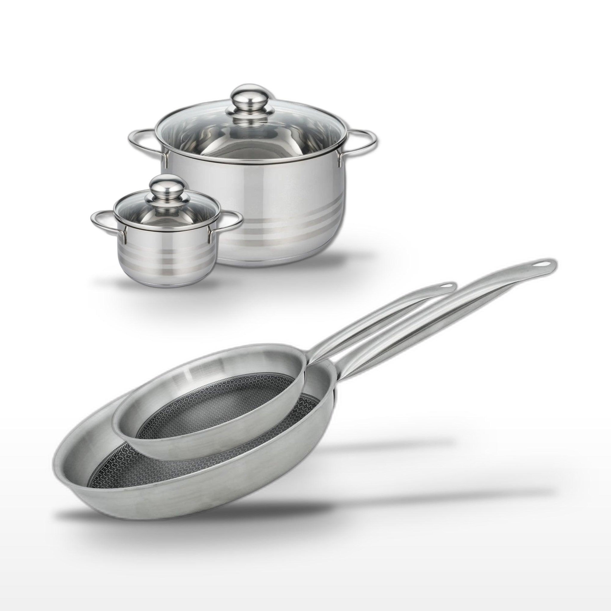 ELO Batterie de cuisine avec 2 poêles 24/28 cm et 2 faitouts 12/20 cm en inox sans pfas elo collection relief solution brillant