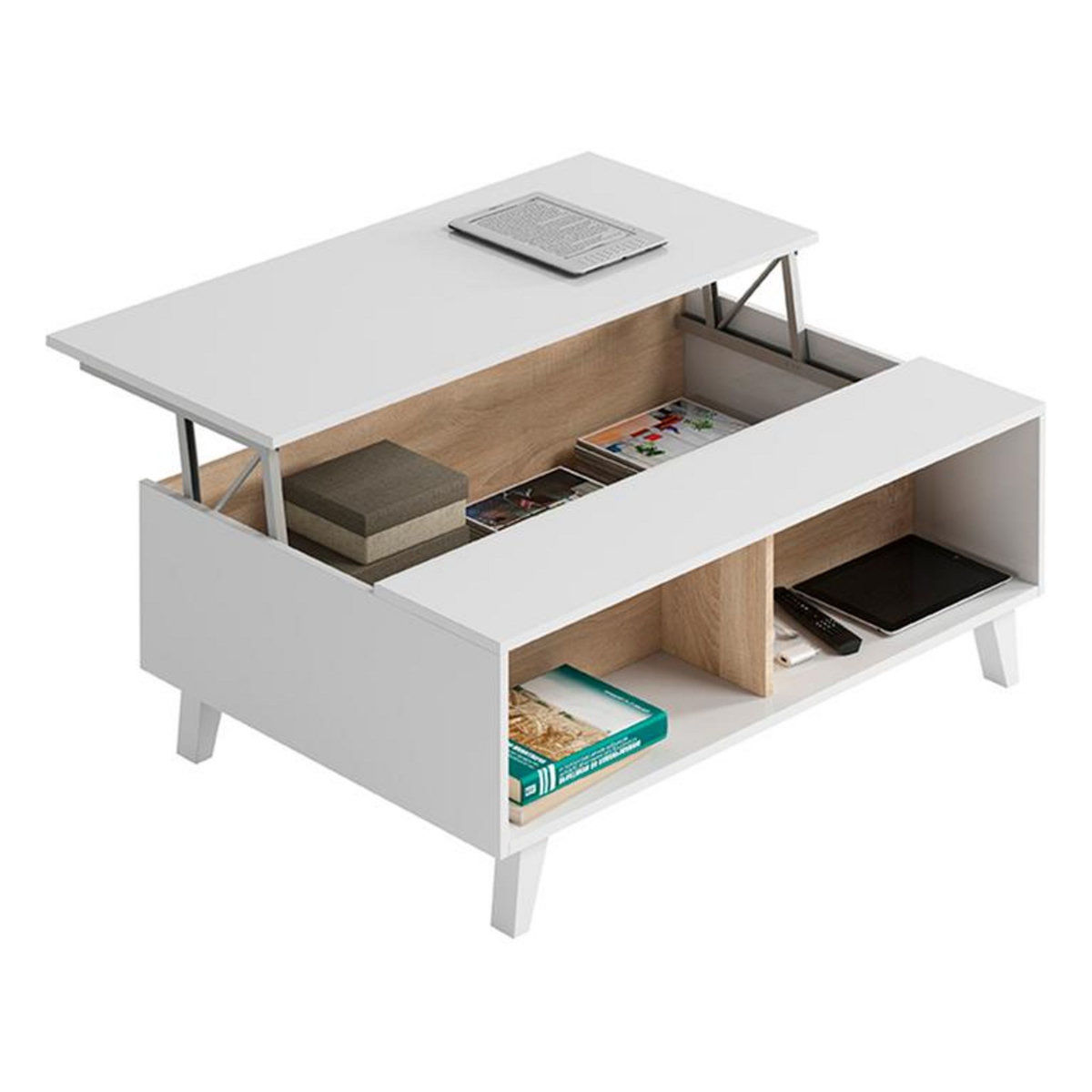 Table basse avec plateau central relevable ZAI, blanc brillant et chêne