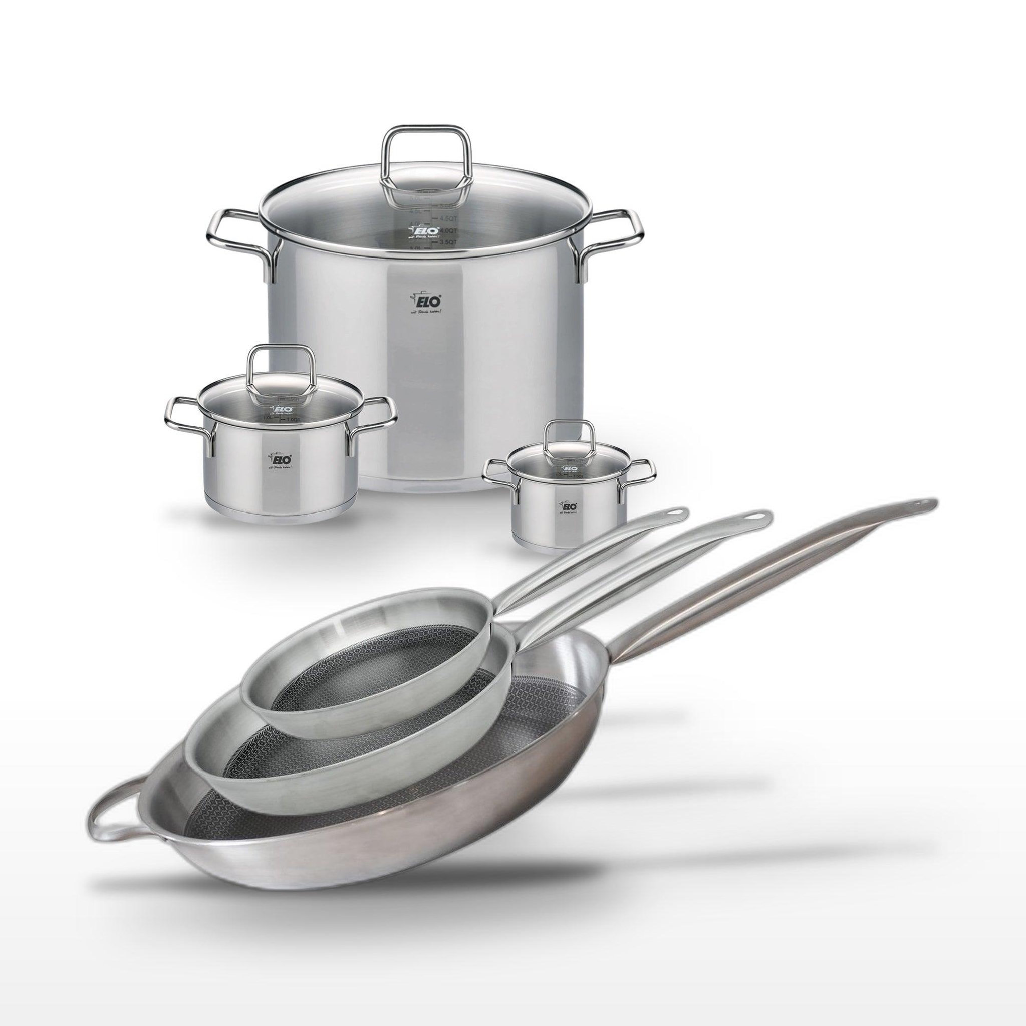 ELO Batterie de cuisine avec 3 poêles 24/28/32 cm et 3 faitouts 12/16/26 cm en inox et aluminium sans pfas elo collection relief solution citrin