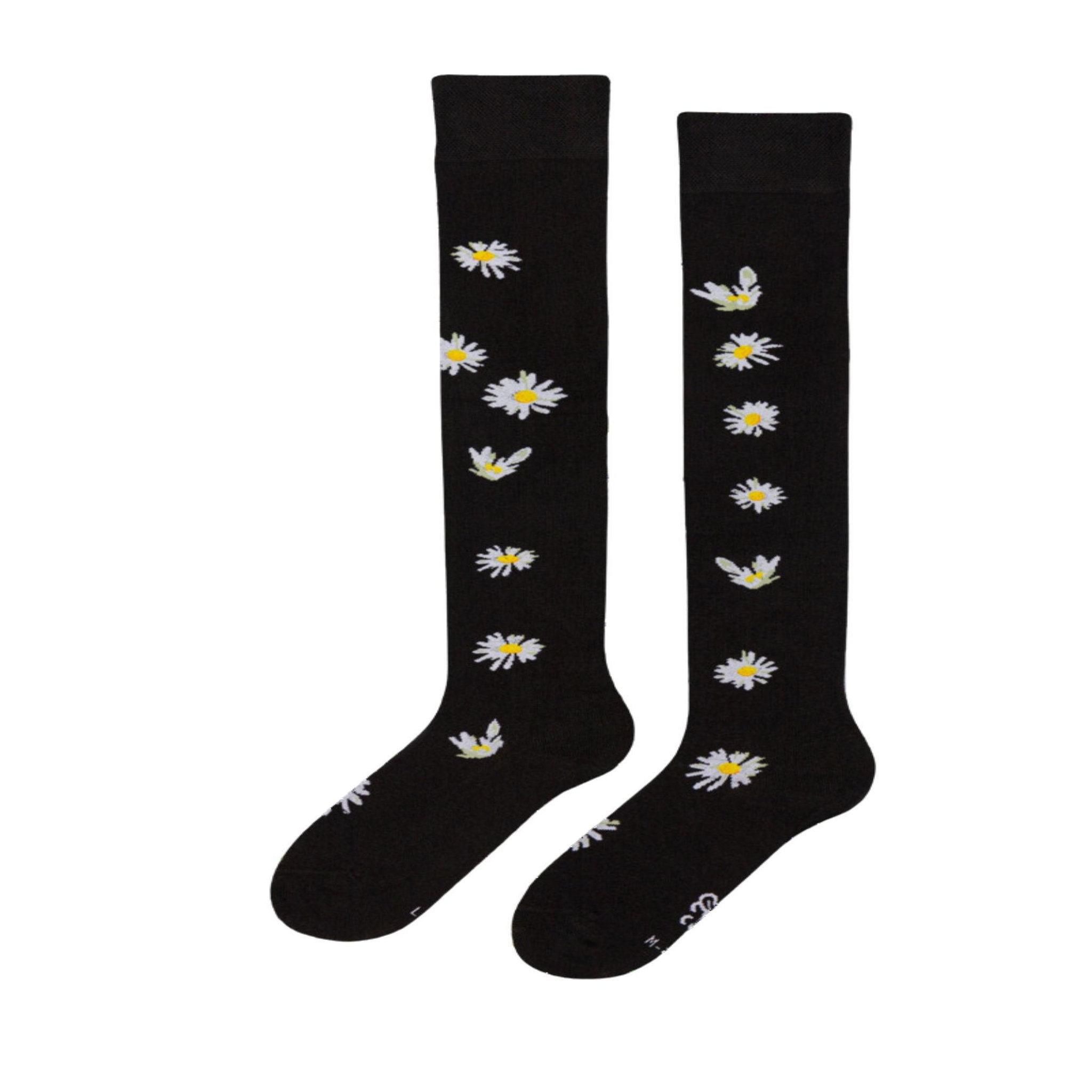 DEDOLES Chaussettes au-dessus des genoux marguerites la nuit. Coloris disponibles : Noir