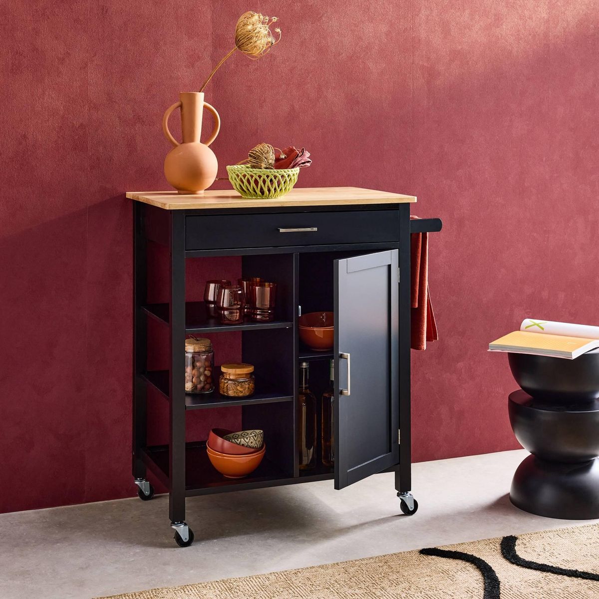 SWEEEK Desserte de cuisine BENDOR plateau en bois d'hévéa, 83 x 47 x 91 cm, 1 poignée, 4 roues, 1 tiroir, 5 étagères, 1 porte, style contemporain