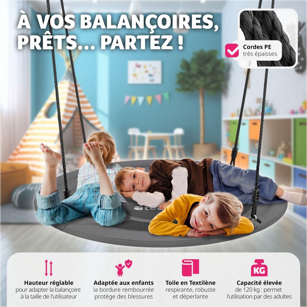 tectake Balançoire nid d'oiseau supporte jusqu'à 120 kg gris/noir Ø 100 cm