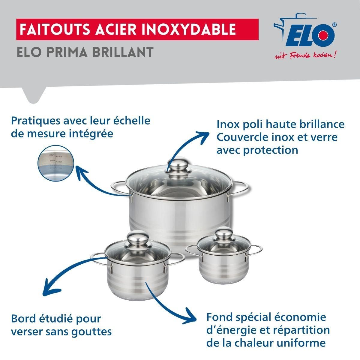 ELO Ensemble de 2 Poêles de cuisson 24 et 28 cm et 3 faitouts 12, 14 et 24 cm Elo Prima Brillant