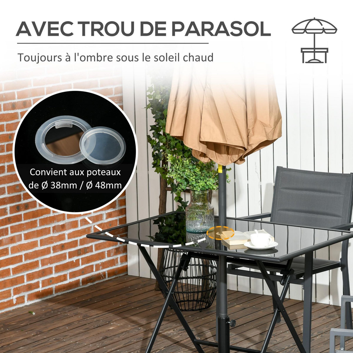 OUTSUNNY Table de jardin pliable 6 places - espace parasol - dim. 110 x 70 x 70 cm - métal époxy plateau verre trempé noir