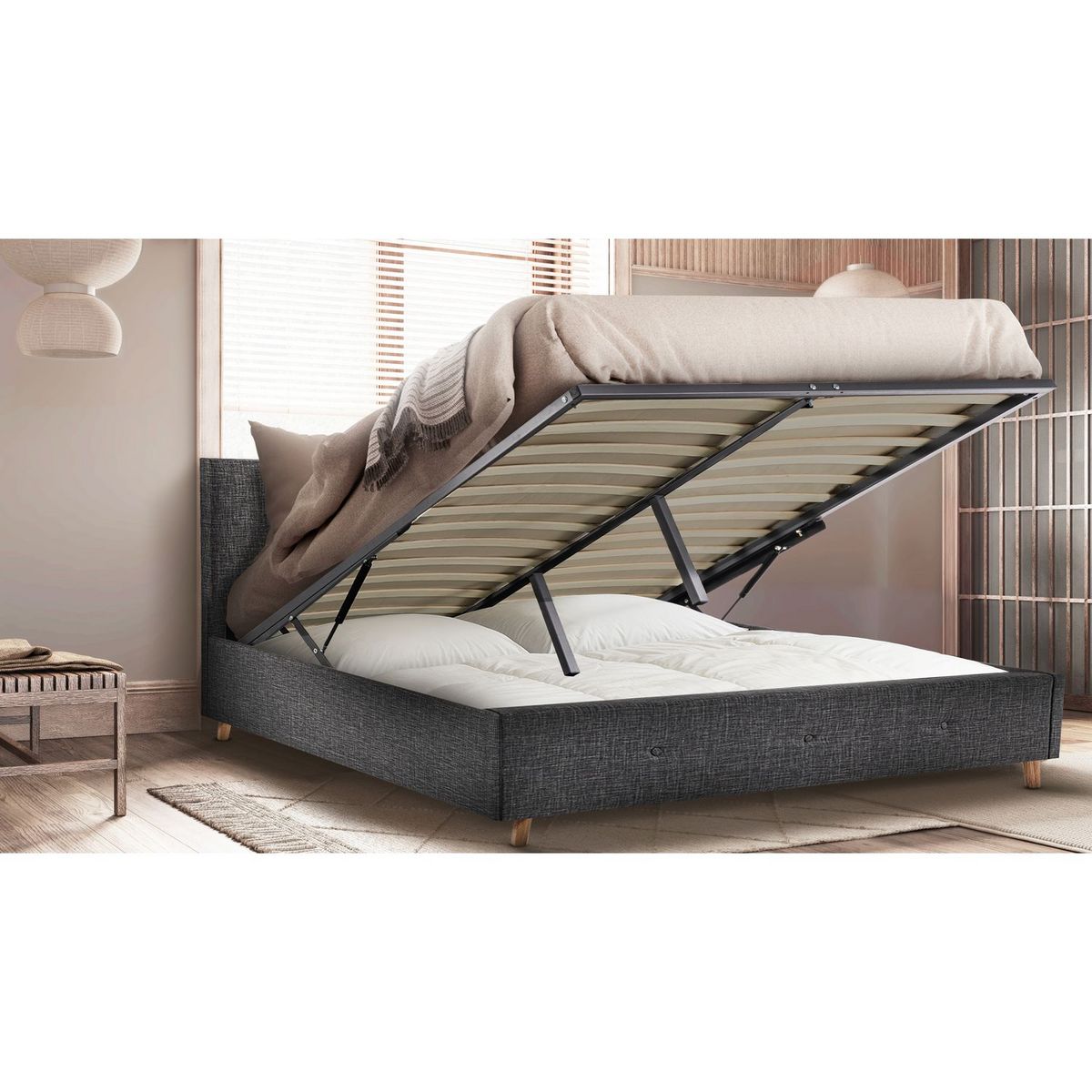 Lit coffre tissu scandinave avec sommier relevable 160x200 cm MILA