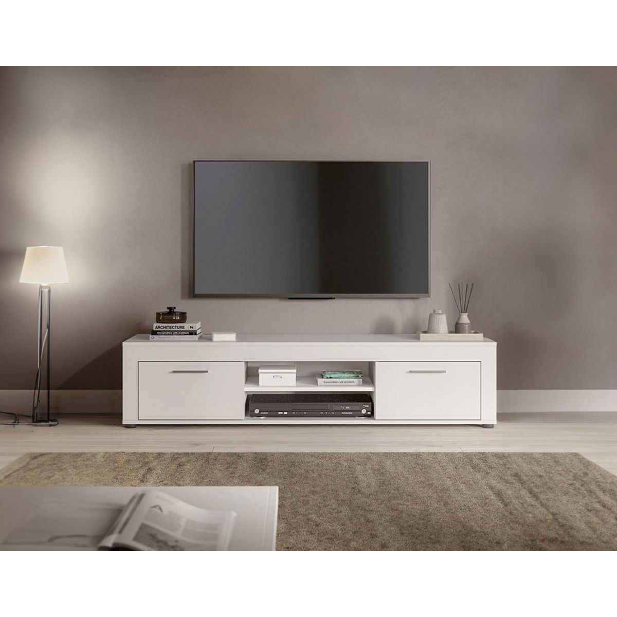 BEST MOBILIER Stafford - meuble tv - blanc - 2 portes et 2 niches - 160 cm