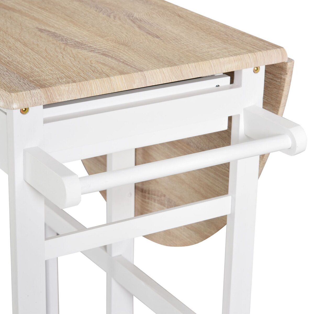 HOMCOM Ensemble table de bar pliable sur roulettes avec étagère et 2 tiroirs + 2 tabourets bois pin MDF blanc chêne clair