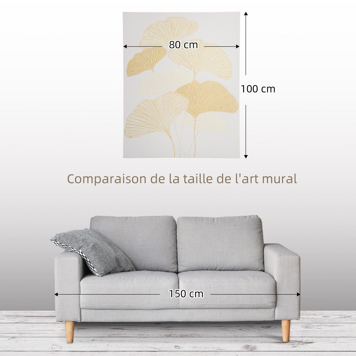 HOMCOM Tableau imprimé et peint feuilles ginkgo biloba - dim. 100L x 80l cm - décoration murale - toile 100% polyester structure bois de pin encre dorée blanc