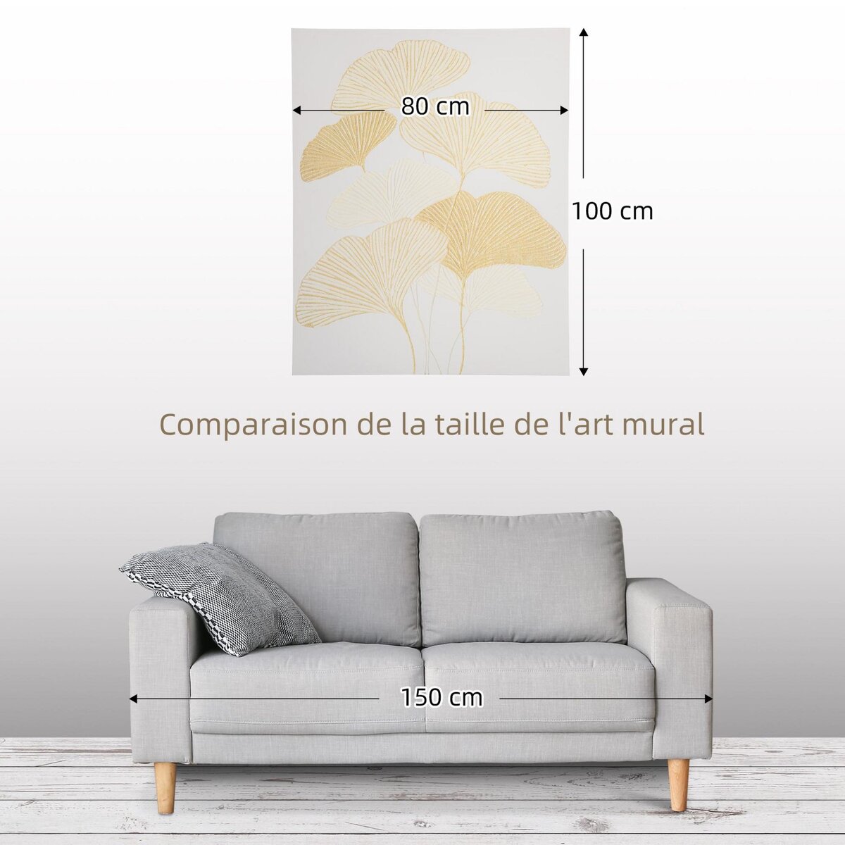 HOMCOM Tableau imprimé et peint feuilles ginkgo biloba - dim. 100L x 80l cm - décoration murale - toile 100% polyester structure bois de pin encre dorée blanc