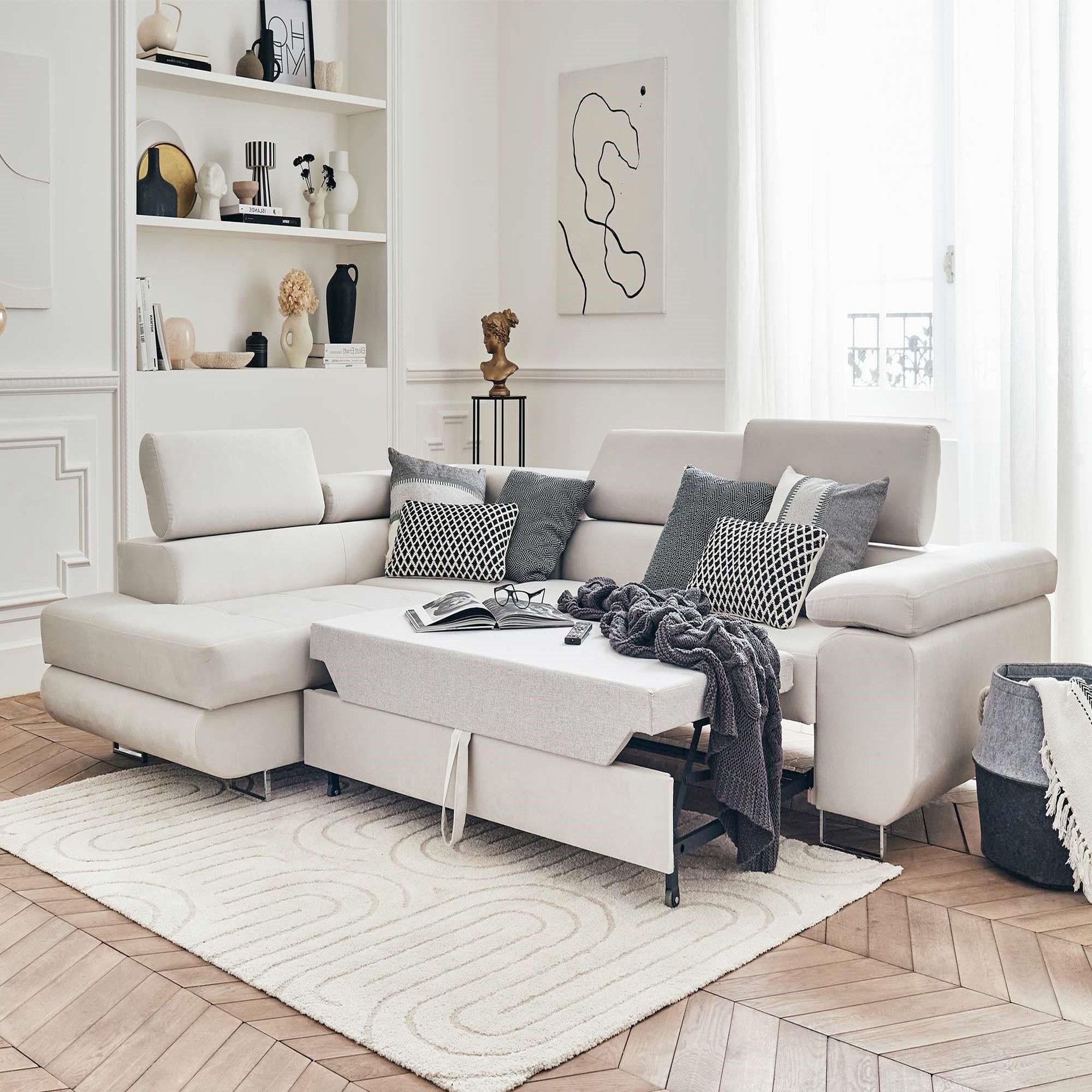 Voir la diapositive 2 : BEST MOBILIER Pablo - canapé d'angle gauche - 5 places - convertible avec coffre et têtières réglables - en velours