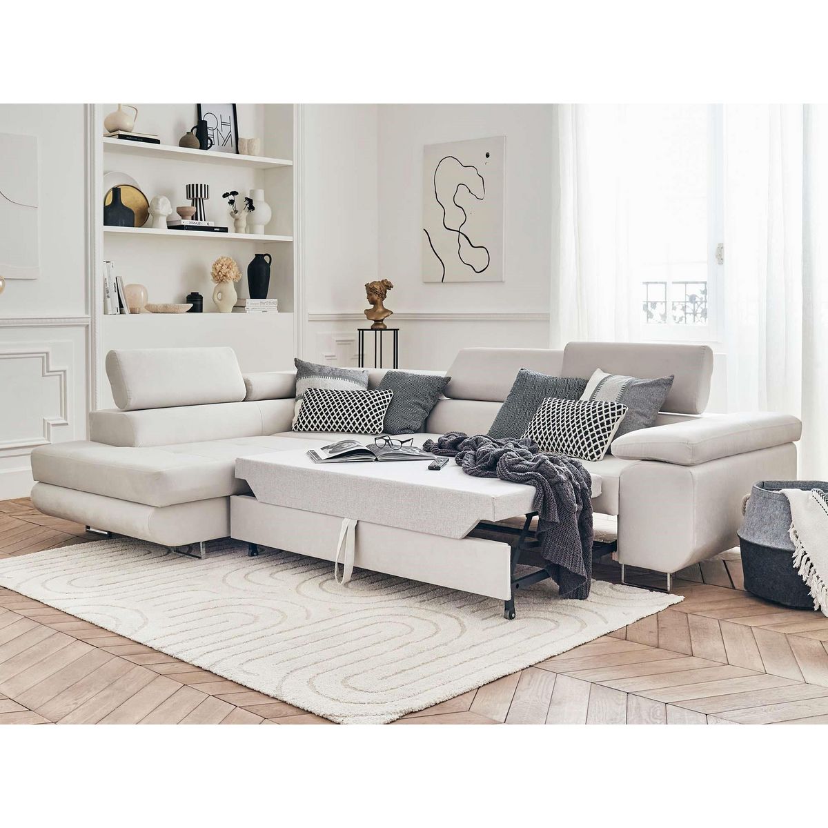 BEST MOBILIER Pablo - canapé d'angle gauche - 5 places - convertible avec coffre et têtières réglables - en velours