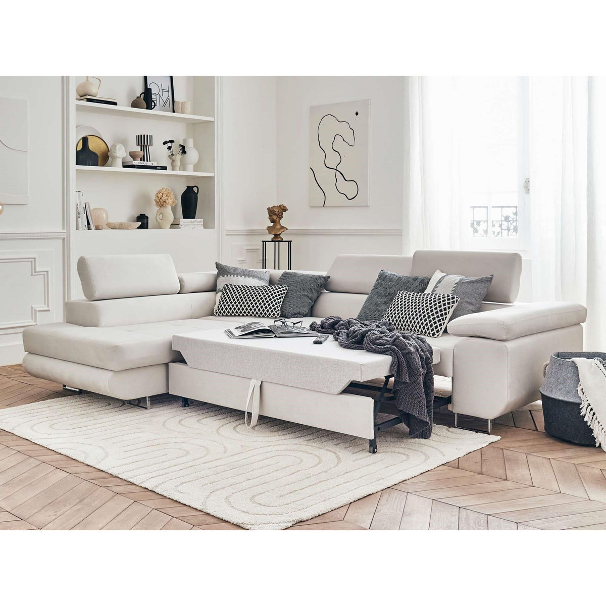 BEST MOBILIER Pablo - canapé d'angle gauche - 5 places - convertible avec coffre et têtières réglables - en velours