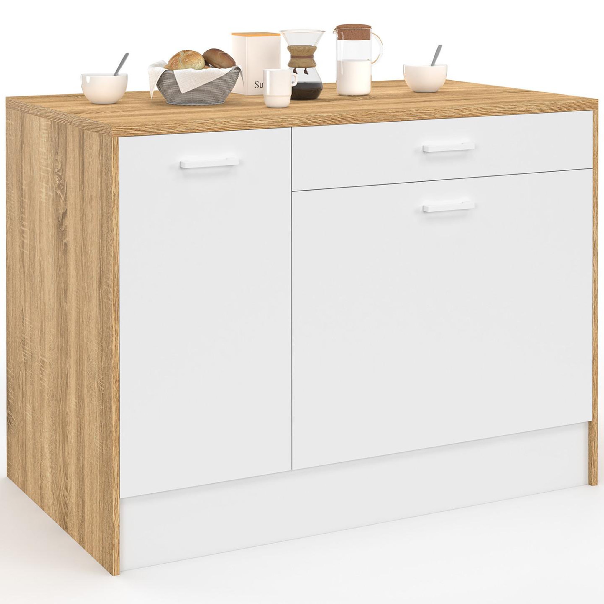 ID MARKET Ilot central lio maxi capacité de rangement bois et blanc