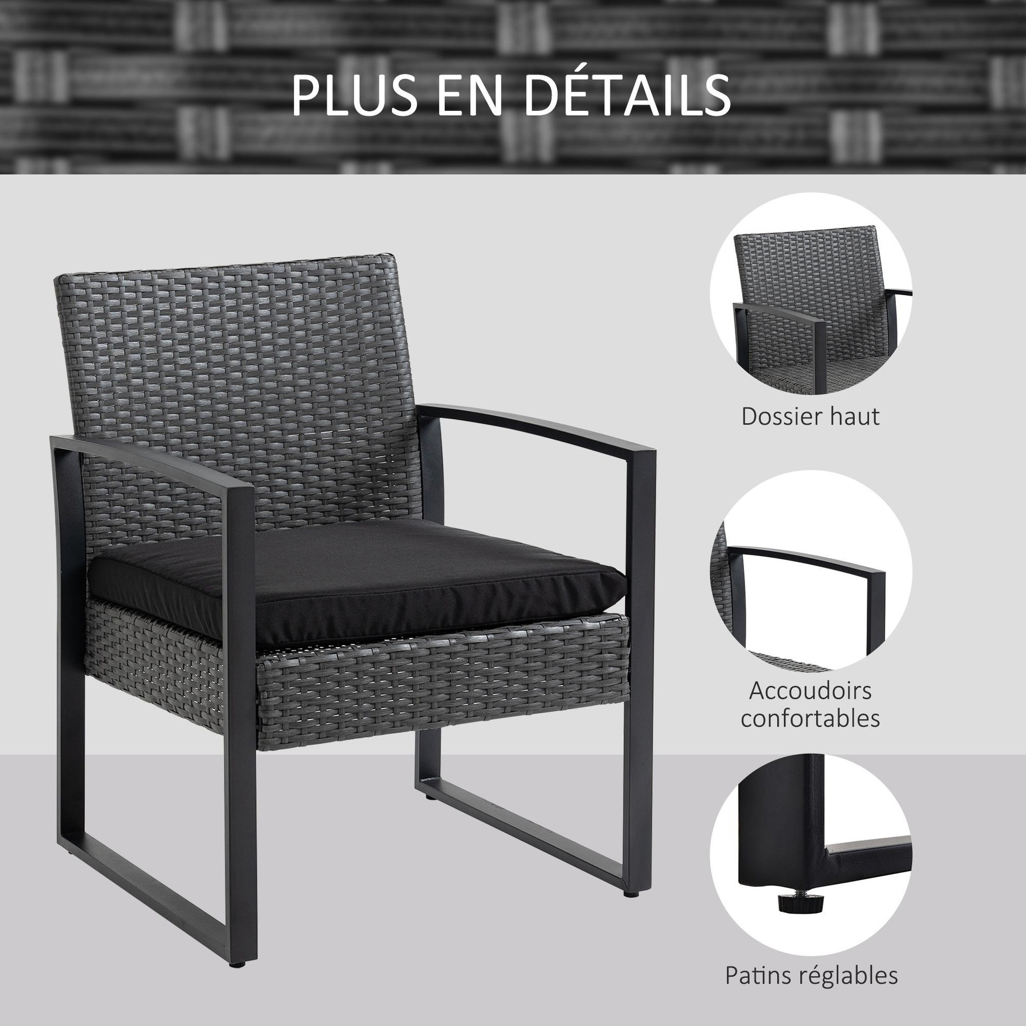 Voir la diapositive 6 : OUTSUNNY Salon de jardin 2 places 3 pièces 2 chaises avec coussins + table basse plateau verre trempé résine tressée aspect rotin noir