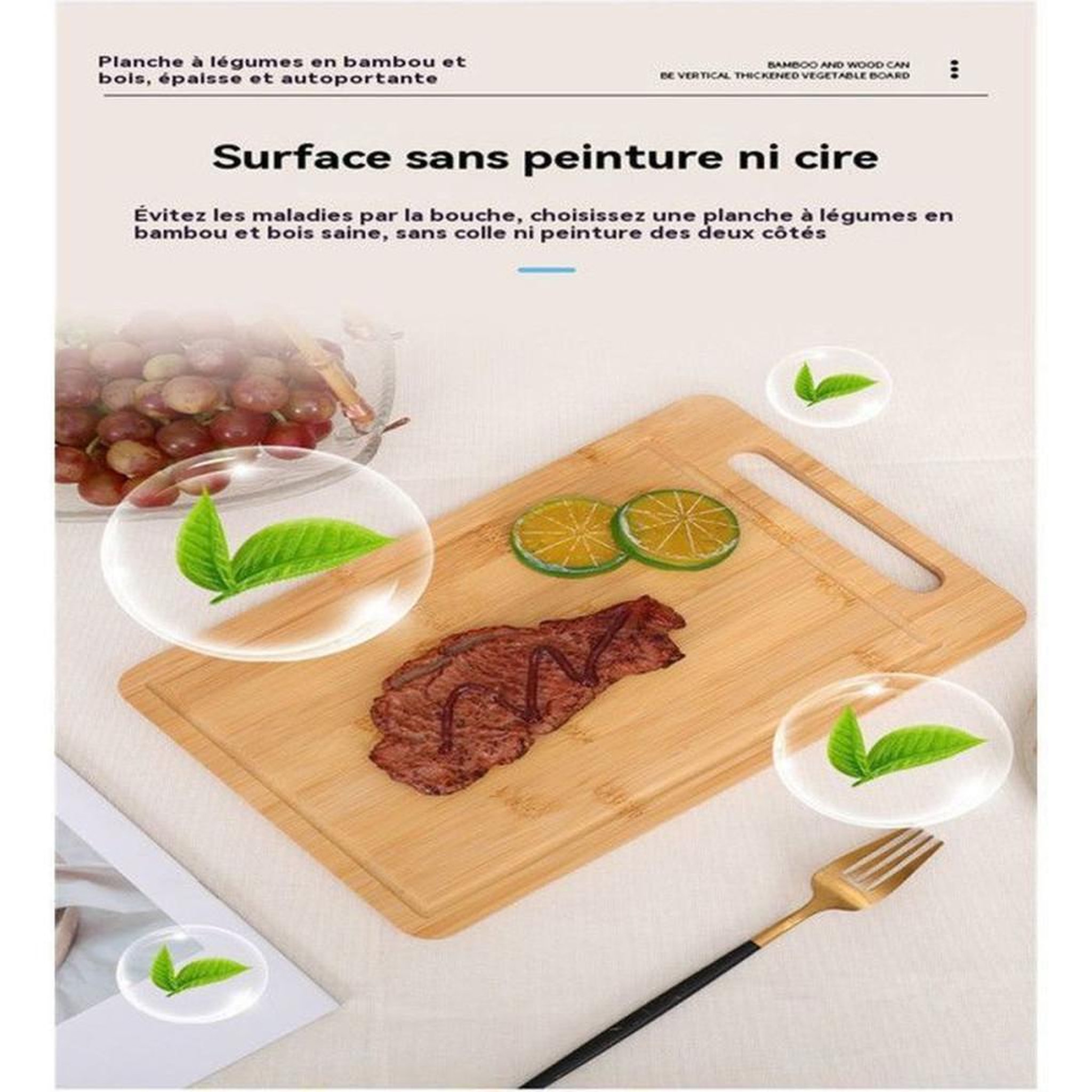 Voir la diapositive 5 : Set de 3 planches à découper en bambou double face antibactériennes 20 30 34 cm, imperméables et résistantes aux rayures, bords arrondis et poignées intégrées