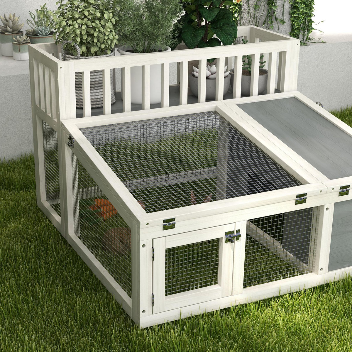 PAWHUT Clapier cage lapin design - espace déco, niche, enclos, nombreuses portes - bois gris blanc