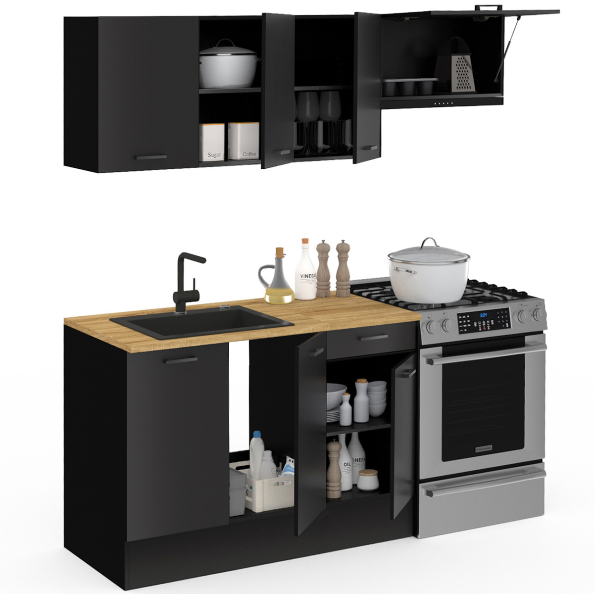 ID MARKET Cuisine complète 180 cm SUBTIL avec plan de travail 5 éléments noir et plateaux bois