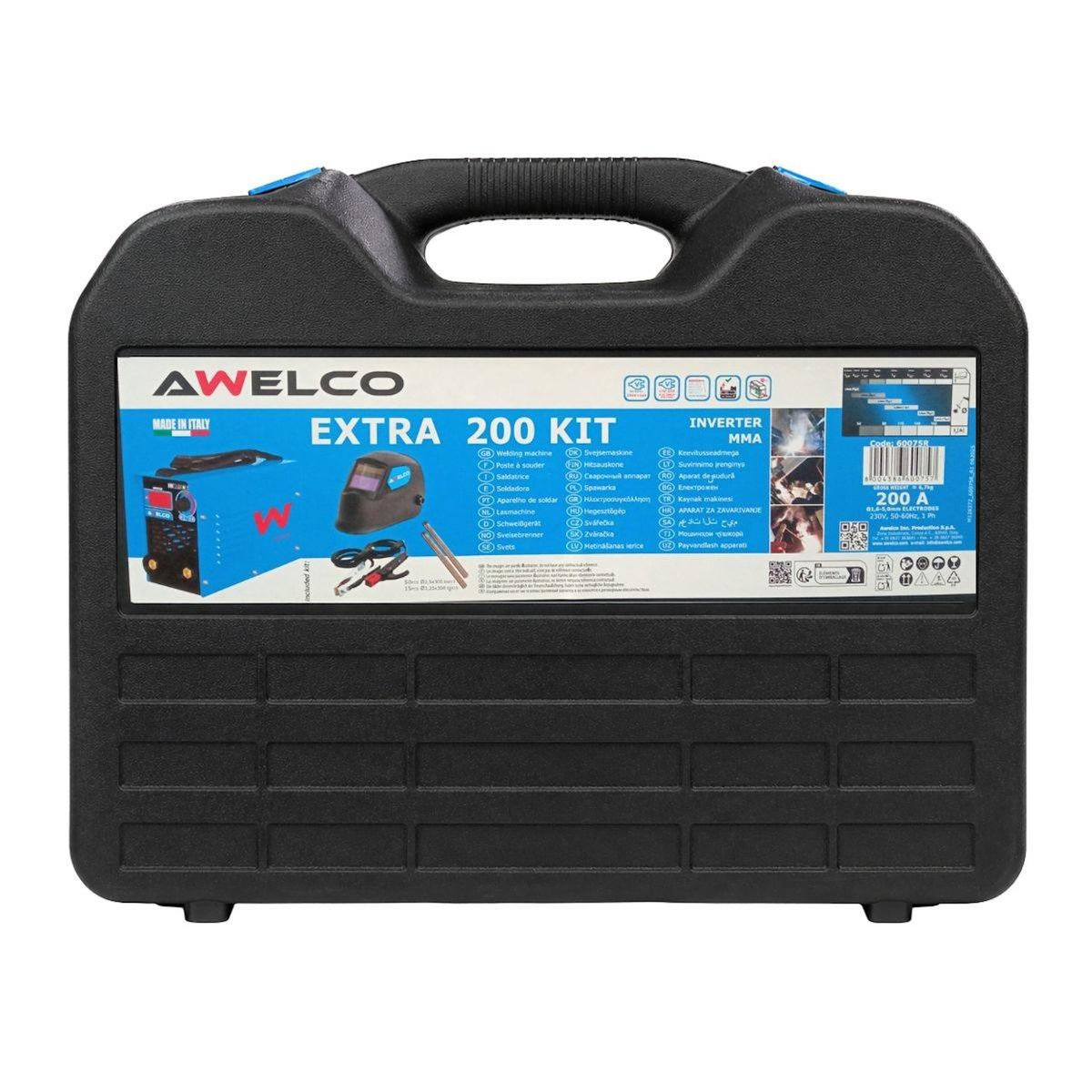 Awelco Kit Poste à souder 200A Inverter MMA IGBT + Masque de soudure + 65 Électrodes Rutile : Ø2.5x300 / Ø3.25x300mm AWELCO