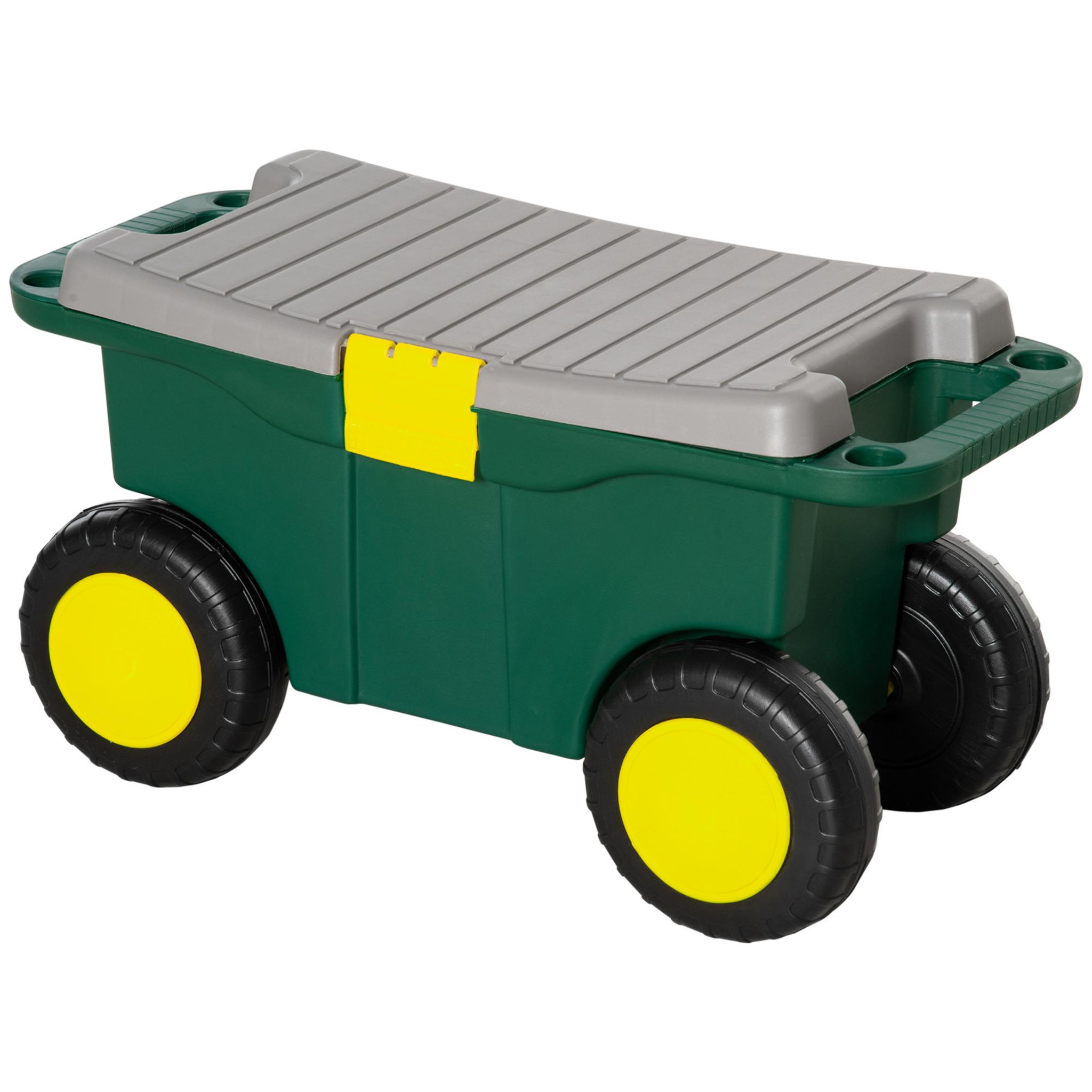 Voir la diapositive 3 : OUTSUNNY Tabouret de jardin caisse à outils 2 en 1 - coffre et plaque compartimentée de rangement verrouillable - 4 roulettes, 2 poignées - PP gris jaune vert