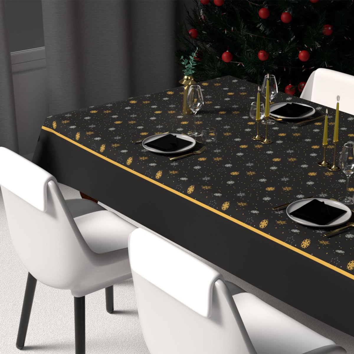 SOLEIL D'OCRE Nappe festive imprimée anti-tâches FLOCONS, par Soleil d'Ocre