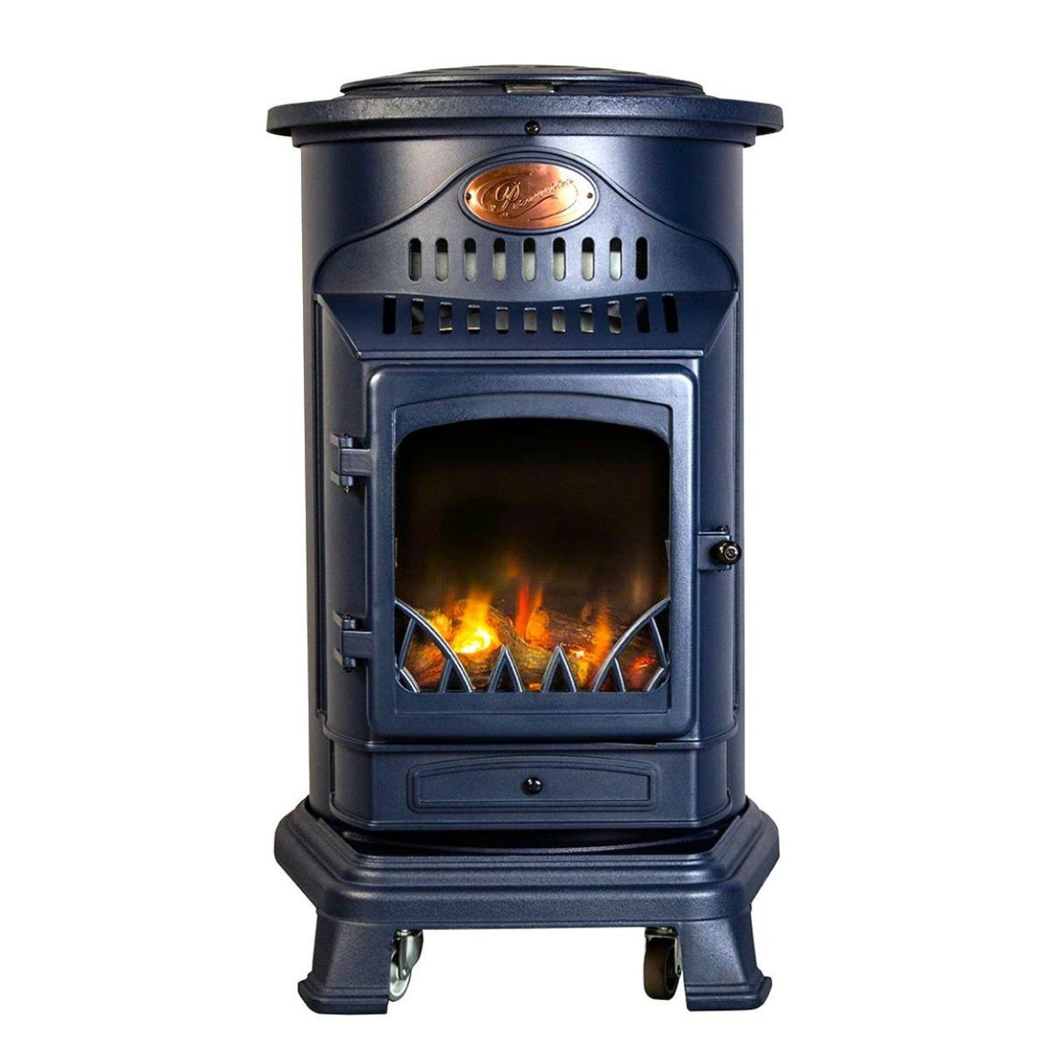 SAHARA Poêle à gaz 3,4KW Fonte Véritable – Chauffage d'appoint Design Bleu Marine - Effet feu de bois, mobile sur roues Provence Sahara