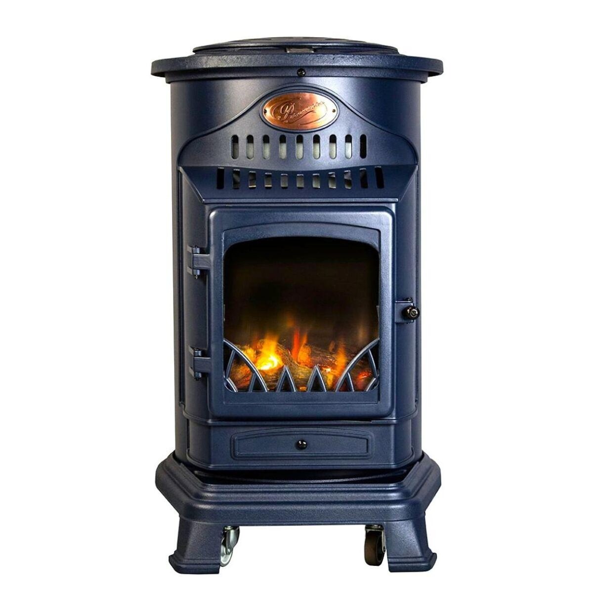 SAHARA Poêle à gaz 3,4KW Fonte Véritable – Chauffage d'appoint Design Bleu Marine - Effet feu de bois, mobile sur roues Provence Sahara