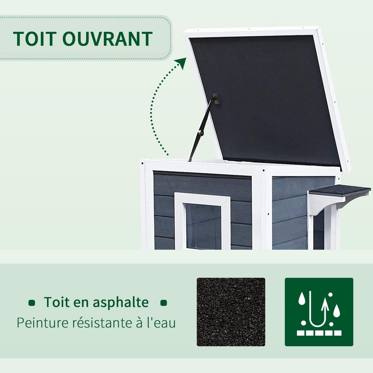 PAWHUT Maisonnette pour chat sur pied 2 niveaux - toit ouvrant bitumé - bois sapin pré-huilé peint gris blanc