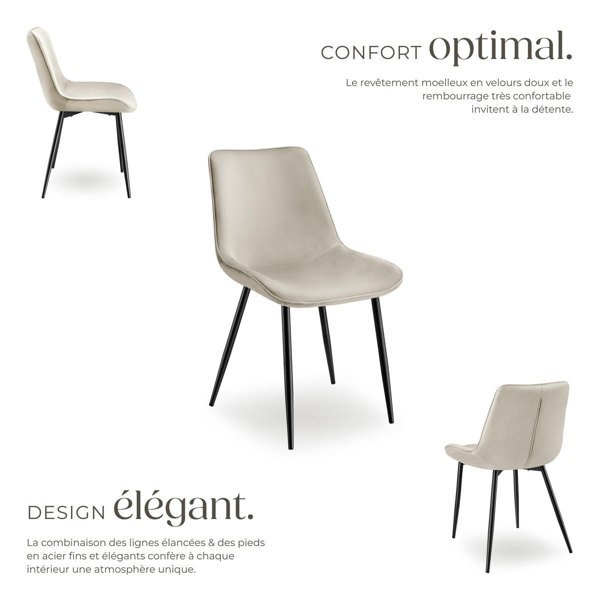 tectake Lot de chaises rembourrées aspect velours crème Lot de 4