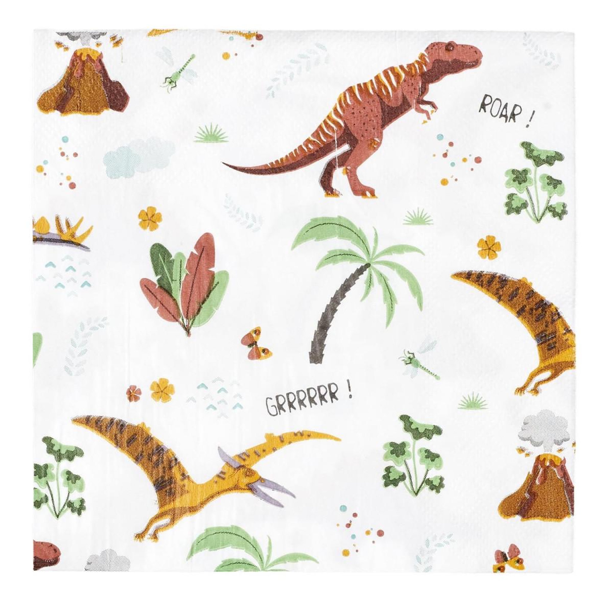 PARTY TIME Lot de 20 serviettes en papier  dinosaure  33x33cm blanc