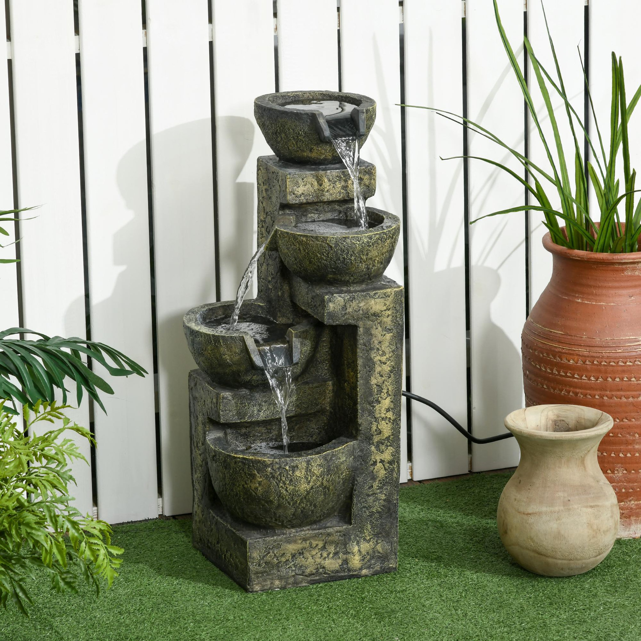 Voir la diapositive 2 : OUTSUNNY Fontaine de jardin cascade 4 pots débit réglable pompe à eau submersible incluse résine noir bronze vieilli