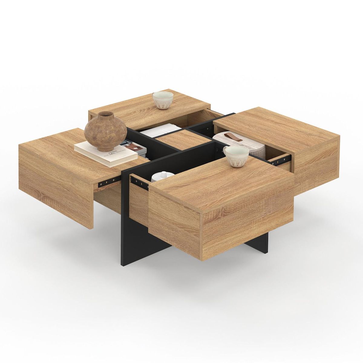 ID MARKET Table basse carrée TALIA avec tiroirs bois et noir
