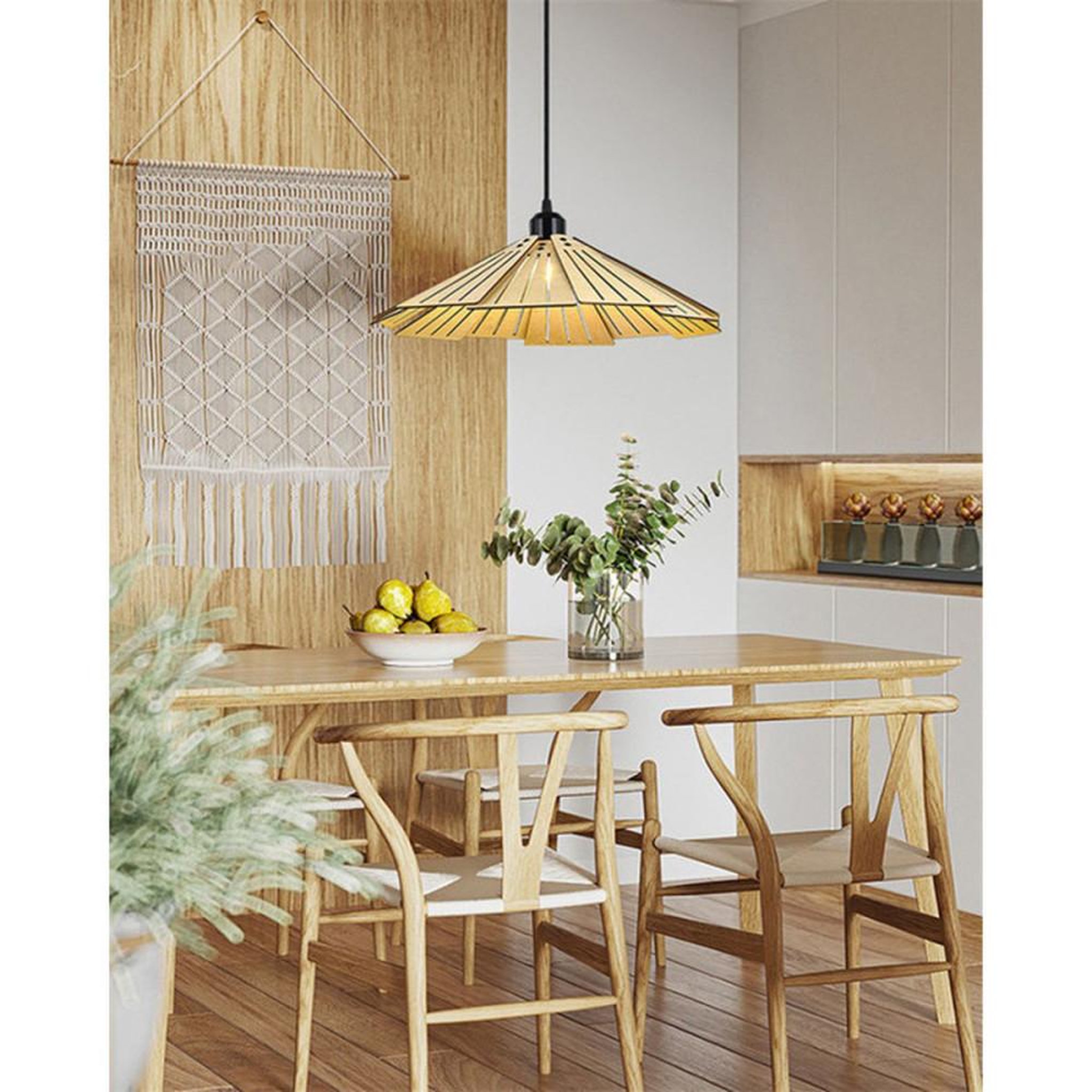 Voir la diapositive 2 : Lampe suspension en bois scandinave Ø35 cm abat-jour ajouré style dôme, métal noir, douille E27 12 W ampoule tricolore incluse