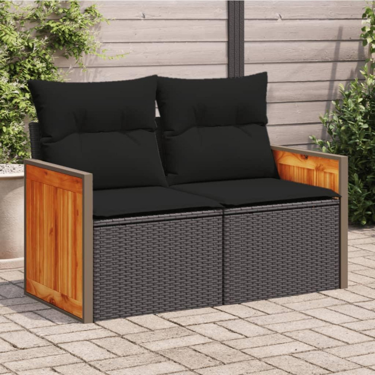 VIDAXL Canape de jardin avec coussins 2 places noir resine tressee