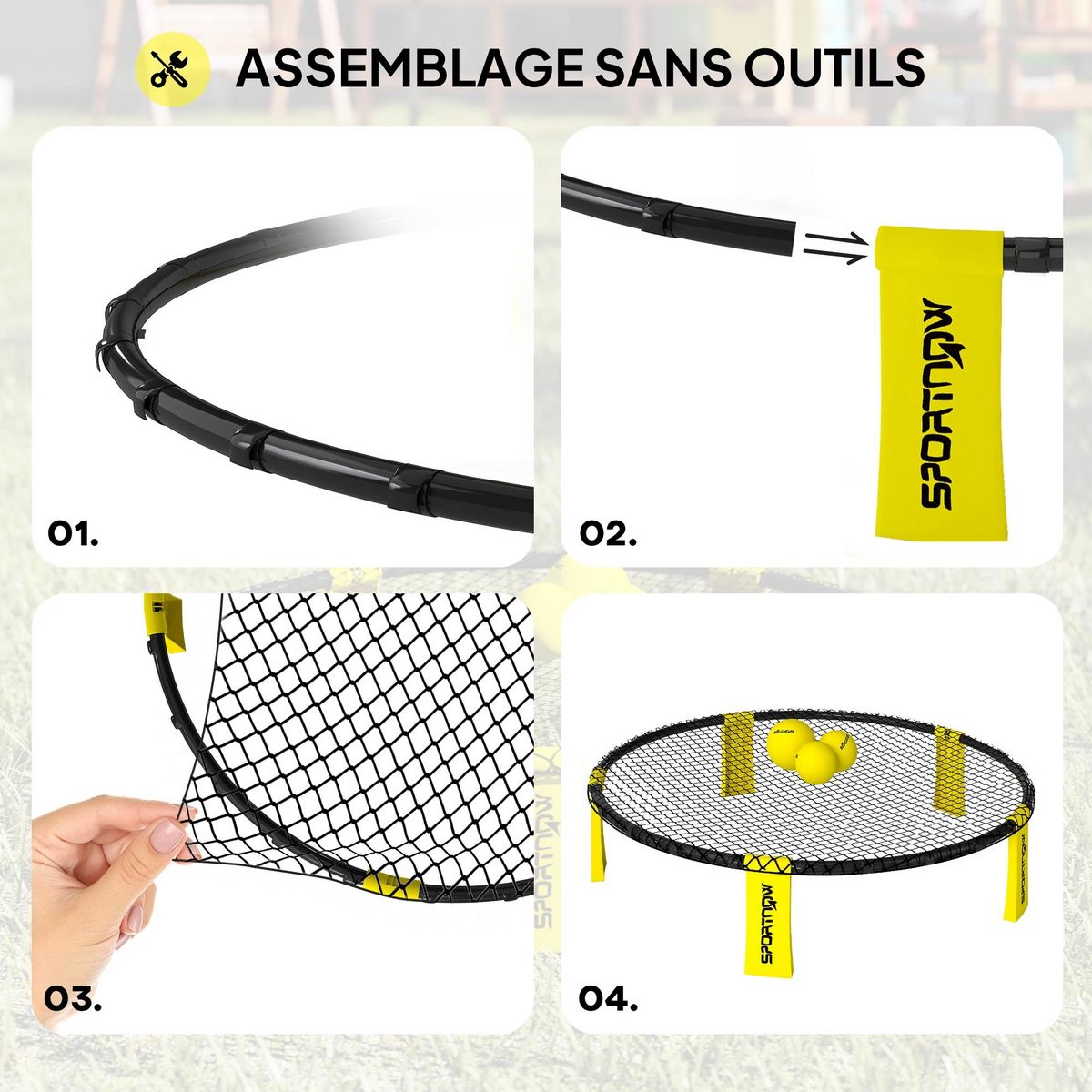 HOMCOM Jeu de plage Spikeball - set complet filet, 3 balles, pompe, sac transport - noir jaune