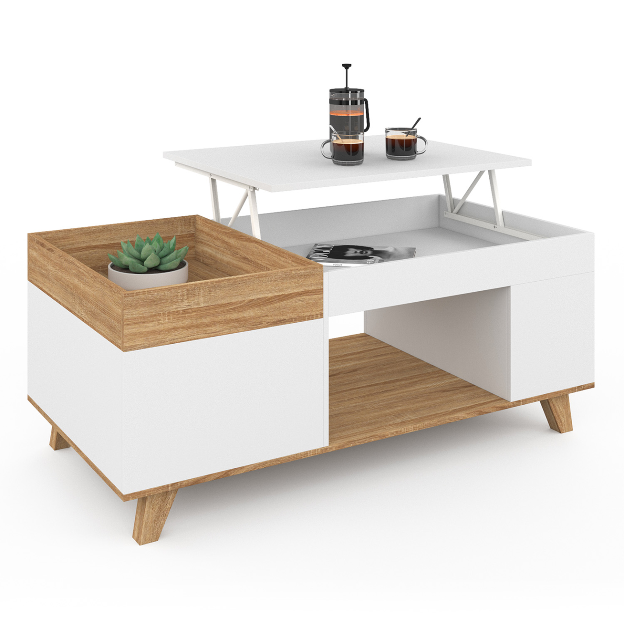 ID MARKET Table basse rectangulaire plateau relevable et plateau amovible avec coffre lola bois et blanc