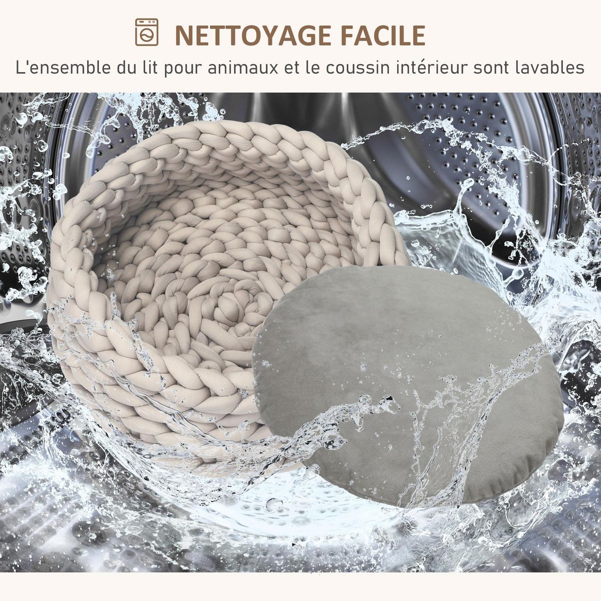PAWHUT Panier pour chien chat Ø50 x 19H cm effet tressé tricot - coussin amovible et lavable en machine - polyester gris