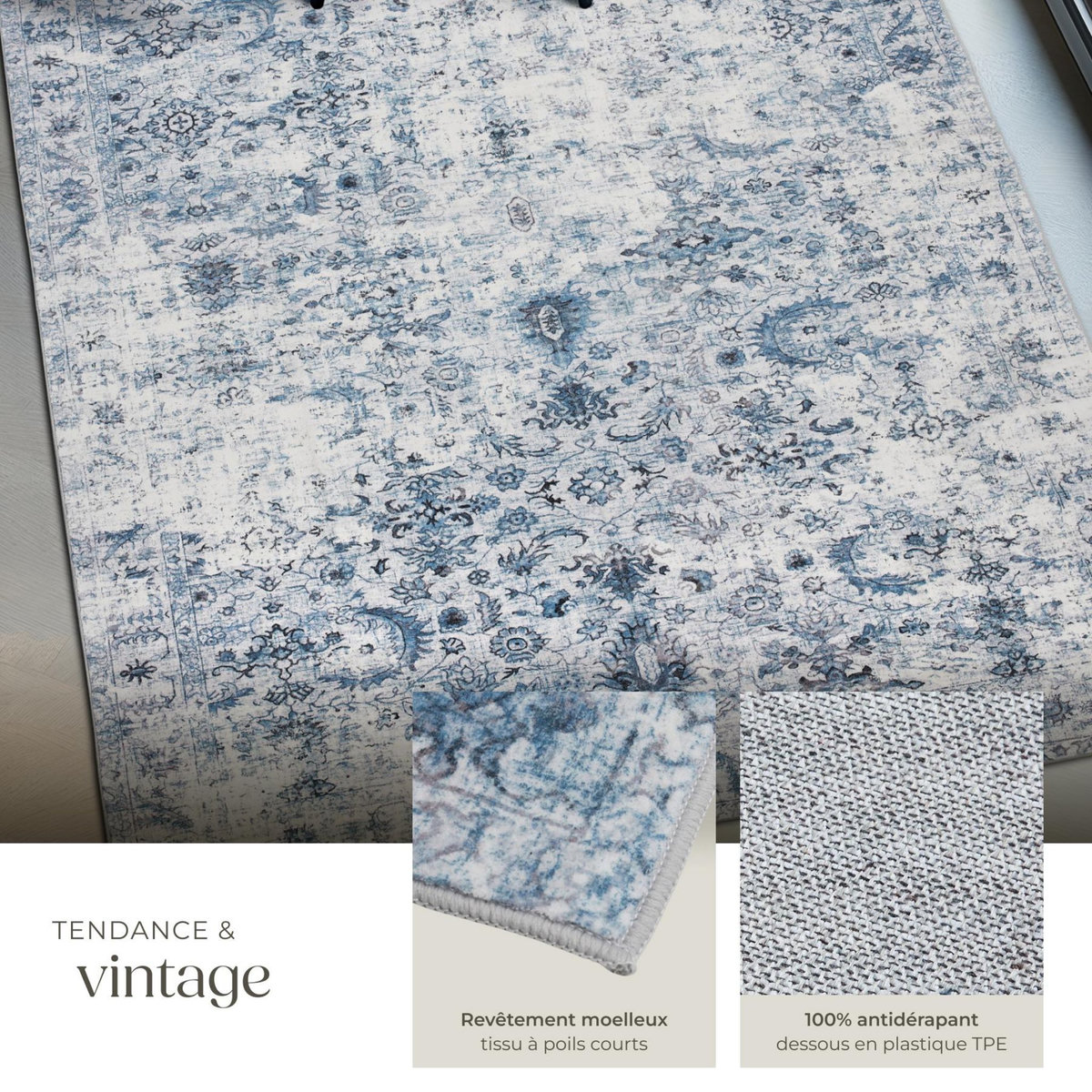 tectake Tapis vintage design à poils courts en laine synthétique et feutre bleu 200 x 274 cm