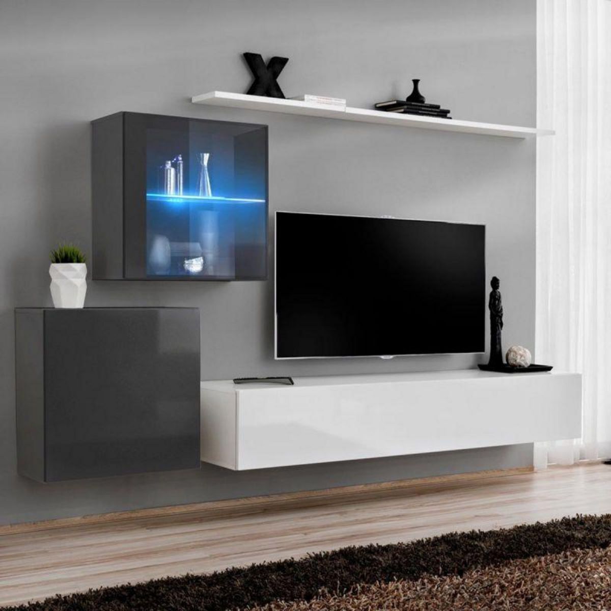 Paris Prix Meuble TV Mural Design  Switch XV  260cm Blanc & Gris
