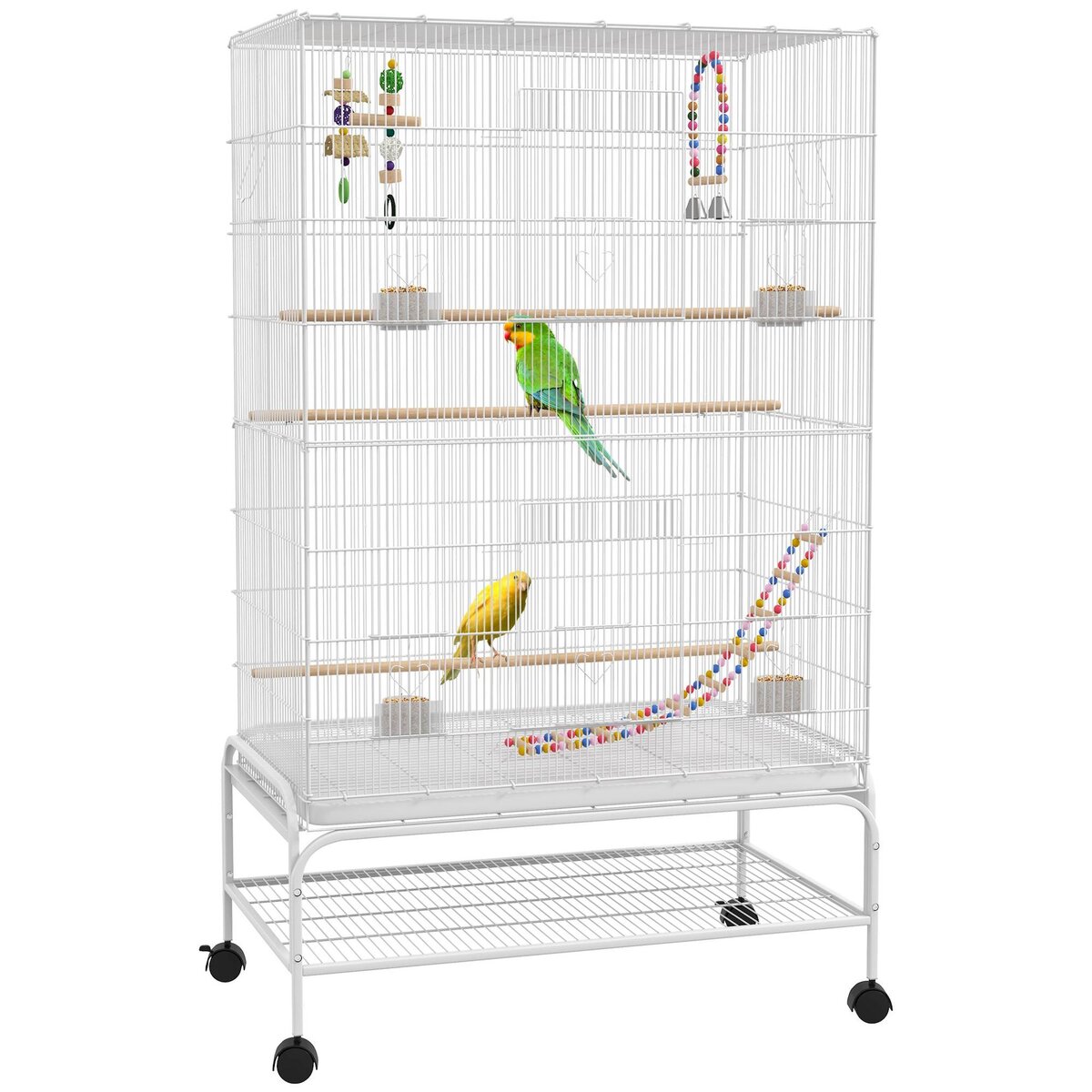 PAWHUT Cage à oiseaux sur roulettes - étagère, plateau déjection, 3 perchoirs, 4 mangeoirs, 2 portes, 8 trappes, accessoires - acier