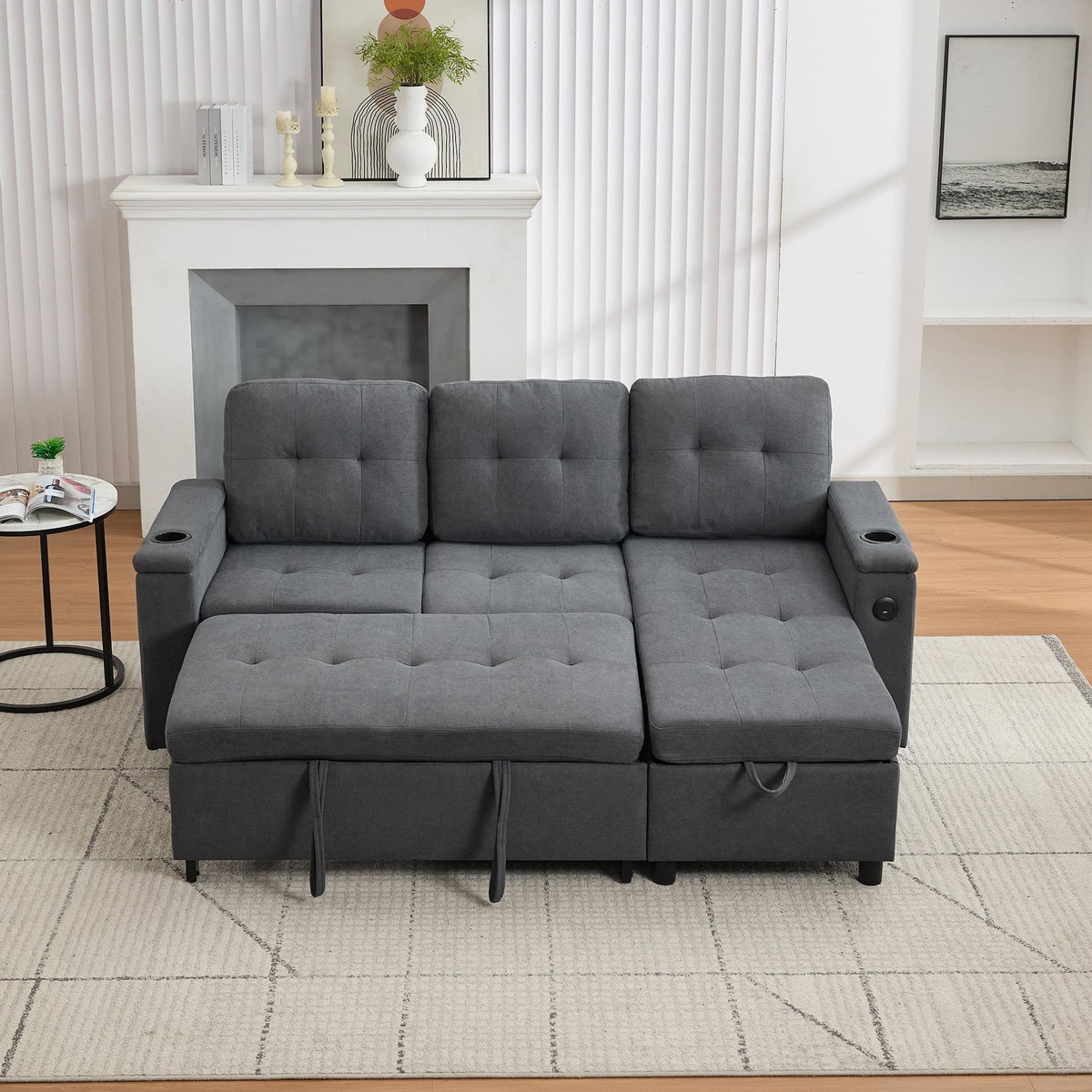 MERAX Canapé d'angle droit convertible 3 places tissu coffre de rangement