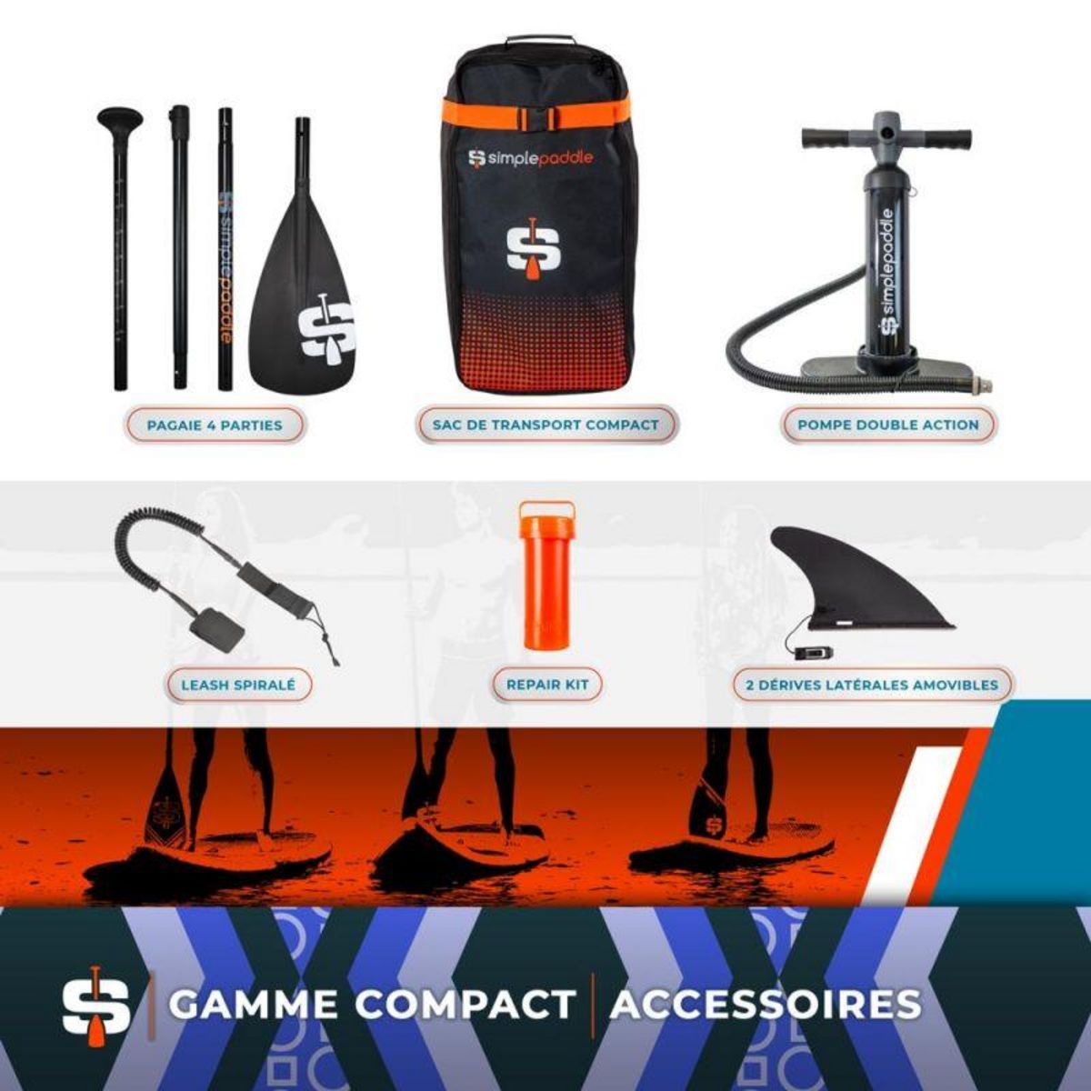 SIMPLE PADDLE Stand up Paddle Gonflable ROAM 10' 30'' 6'' (295 x 76 x 15 cm) Gamme COMPACT avec Pagaie, Leash, Pompe et Sac de Transport