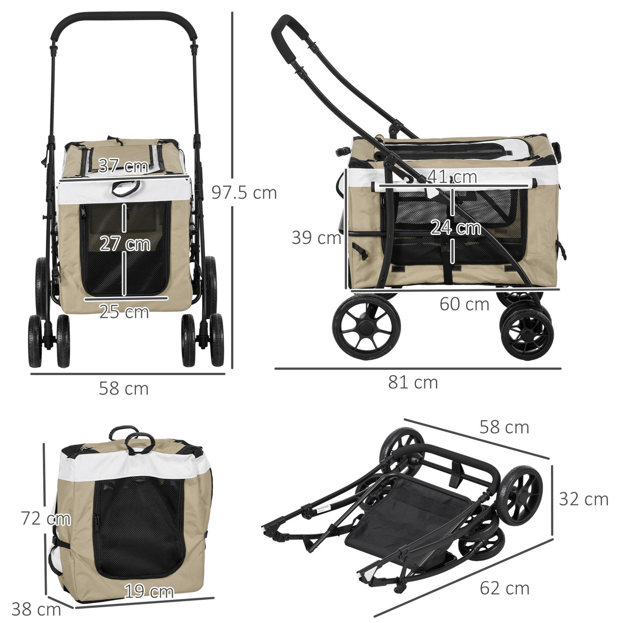 Voir la diapositive 3 : PAWHUT Poussette pliable animaux chien chat nacelle amovible 4 roues kaki