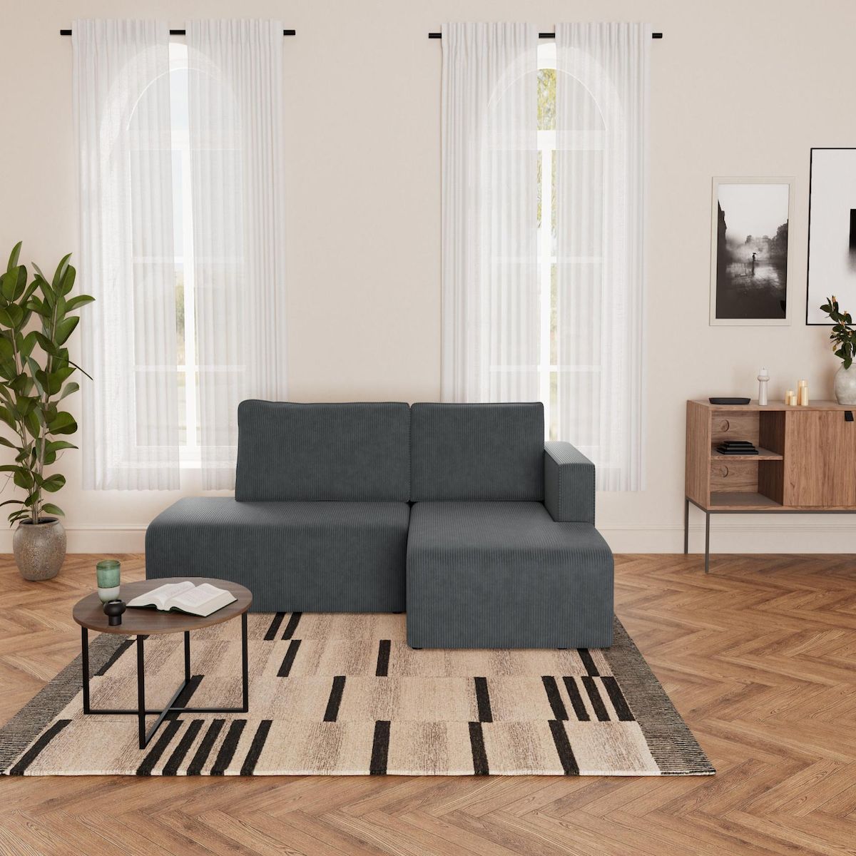 BEST MOBILIER Topaze - canapé d'angle droit 4 places convertible avec coffre en velours côtelé