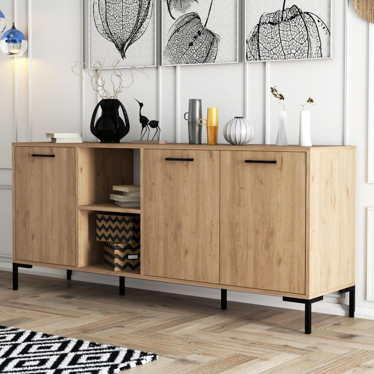 CONCEPT USINE Buffet 3 portes et 2 niches finition bois et métal noir 180x80cm AURA